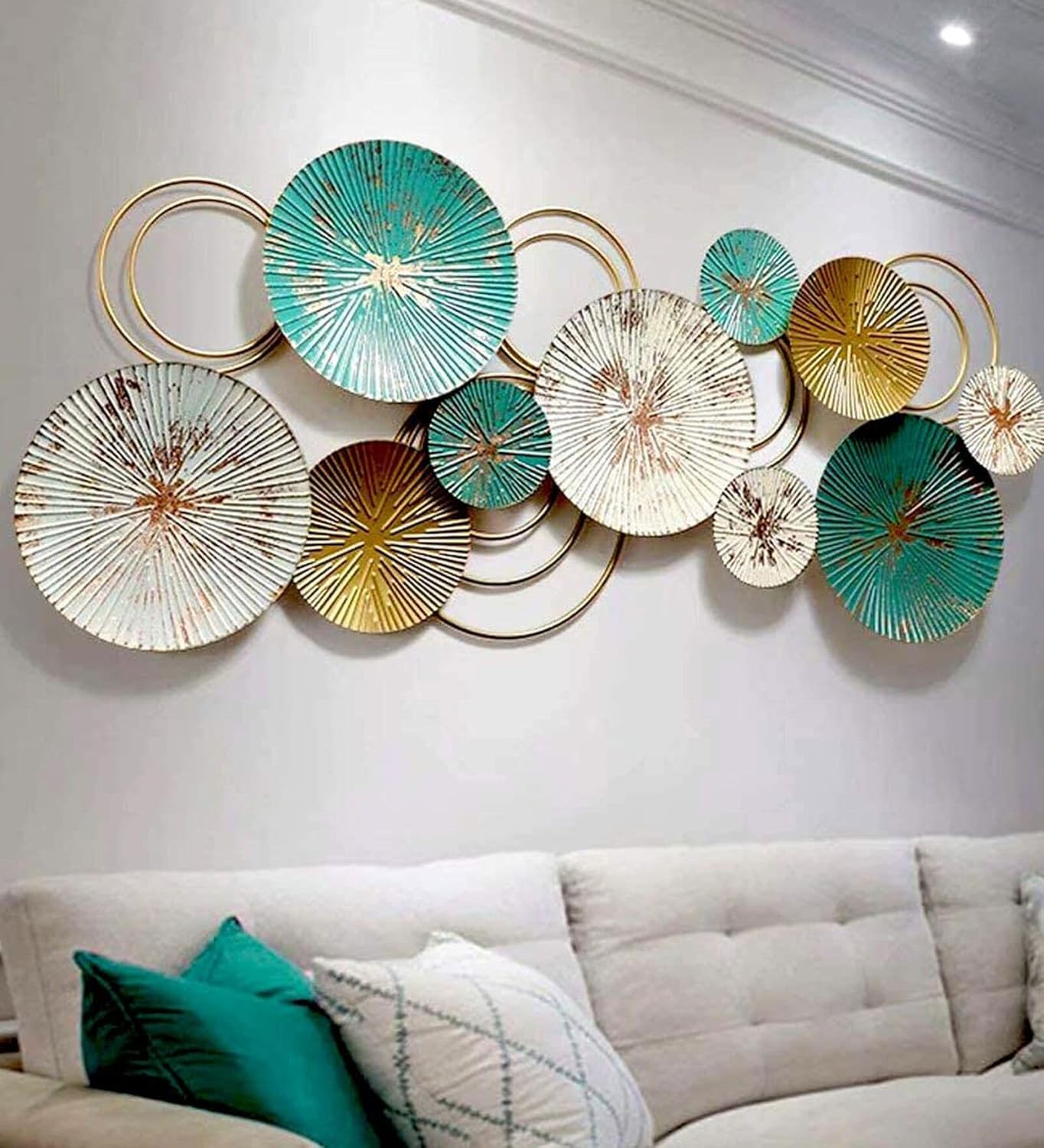 METAL WALL ART – PREMIUM HANDCRAFTED ANTIQUE GOLD & TURQUOISE GREEN CIRCLE DESIGN