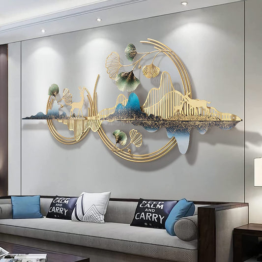 Metal Wall Art Mountain with Deer for Living Room (52 * 24 Inches) Wall Decoration | Modern Wall Hanging for Bedroom & Home & etc